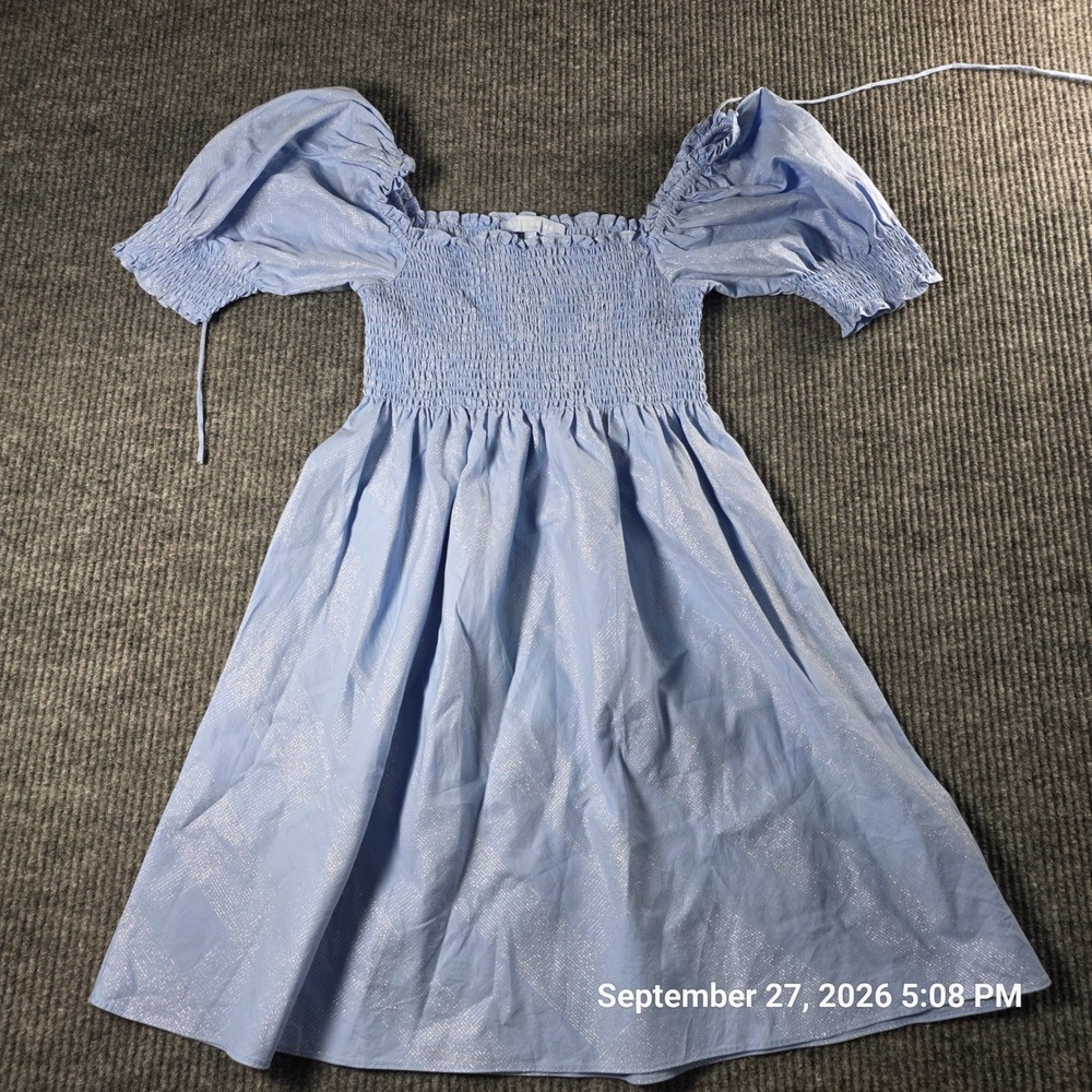 Hill House Home Ellie Nap Dress Light Blue Glitter Check Smocked Midi Medium